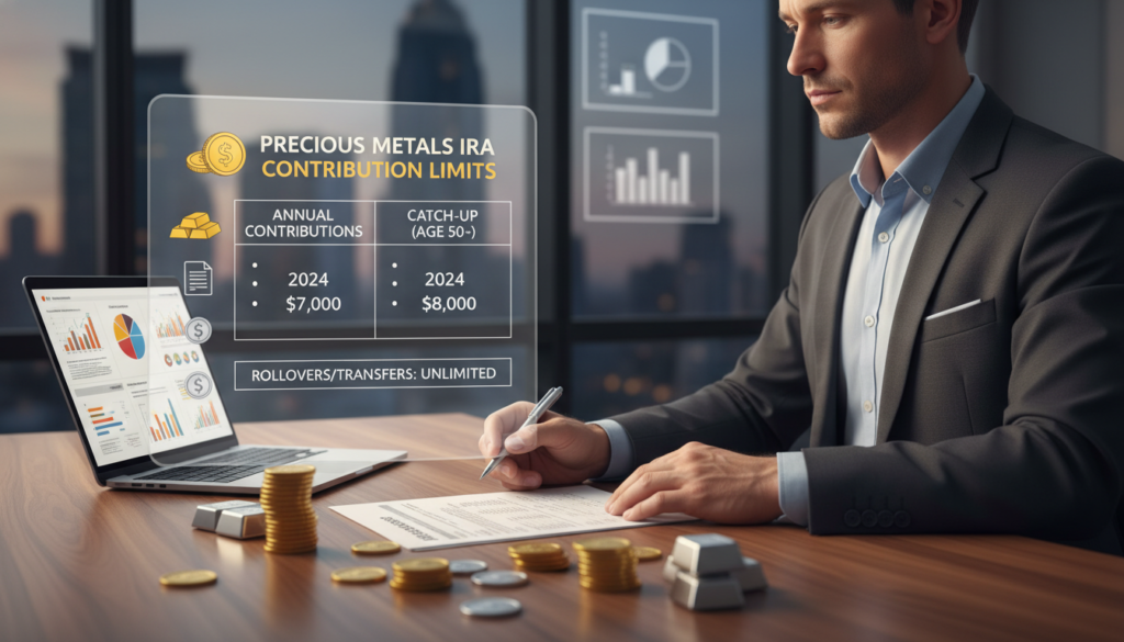 A visually engaging and informative illustration representing "funds contribution limits" related to Precious Metals IRAs. In the foreground, showcase a professional businessperson in business attire, thoughtfully analyzing a financial document on a sleek, modern desk covered with gold and silver coins. In the middle, display a classification chart that clearly outlines the contribution limits, alongside icons of precious metals and investment forms. The background features a softly lit office setting with subtle financial graphs and charts on the walls, casting a professional atmosphere. Use warm lighting to create an inviting and focused mood, with a shallow depth of field to emphasize the desk and documents. The overall image should convey professionalism and clarity in financial matters. A visually engaging and informative illustration representing "funds contribution limits" related to Precious Metals IRAs. In the foreground, showcase a professional businessperson in business attire, thoughtfully analyzing a financial document on a sleek, modern desk covered with gold and silver coins. In the middle, display a classification chart that clearly outlines the contribution limits, alongside icons of precious metals and investment forms. The background features a softly lit office setting with subtle financial graphs and charts on the walls, casting a professional atmosphere. Use warm lighting to create an inviting and focused mood, with a shallow depth of field to emphasize the desk and documents. The overall image should convey professionalism and clarity in financial matters.
