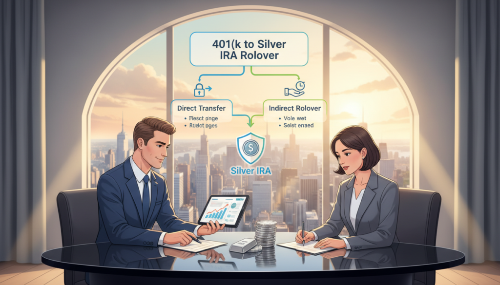 A visually engaging illustration depicting the process of rolling over a 401(k) to a silver IRA. In the foreground, include a professional man and woman in business attire, reviewing documents over a sleek desk filled with financial charts and a silver bullion. In the middle, highlight a clear flowchart illustrating rollover methods, such as direct transfer and indirect rollover, using arrows and icons for clarity. In the background, a large window reveals a skyline view, symbolizing growth and opportunity, with soft, natural daylight illuminating the scene. The overall mood should be optimistic and professional, conveying a sense of security and financial wisdom. Aim for a clean, modern aesthetic with a focus on finance and investment themes.