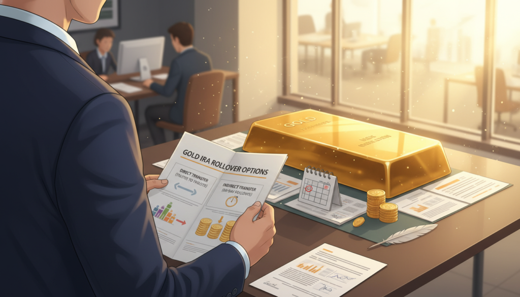 A visually engaging illustration of a financial concept involving a gold IRA rollover. In the foreground, depict a professional business person in formal attire, examining a brochure that highlights both direct and indirect transfer options for 401(k) plans. In the middle ground, a large, shiny gold bar symbolizes wealth and investment stability, surrounded by stacks of paperwork and financial documents illustrating the rollover process. The background features a blurred office environment with large windows allowing natural light to flood in, creating an atmosphere of trust and professionalism. Use a warm color palette to evoke a sense of security and optimism, and capture the scene from a slightly elevated angle to emphasize the importance of the financial journey. A visually engaging illustration of a financial concept involving a gold IRA rollover. In the foreground, depict a professional business person in formal attire, examining a brochure that highlights both direct and indirect transfer options for 401(k) plans. In the middle ground, a large, shiny gold bar symbolizes wealth and investment stability, surrounded by stacks of paperwork and financial documents illustrating the rollover process. The background features a blurred office environment with large windows allowing natural light to flood in, creating an atmosphere of trust and professionalism. Use a warm color palette to evoke a sense of security and optimism, and capture the scene from a slightly elevated angle to emphasize the importance of the financial journey.
