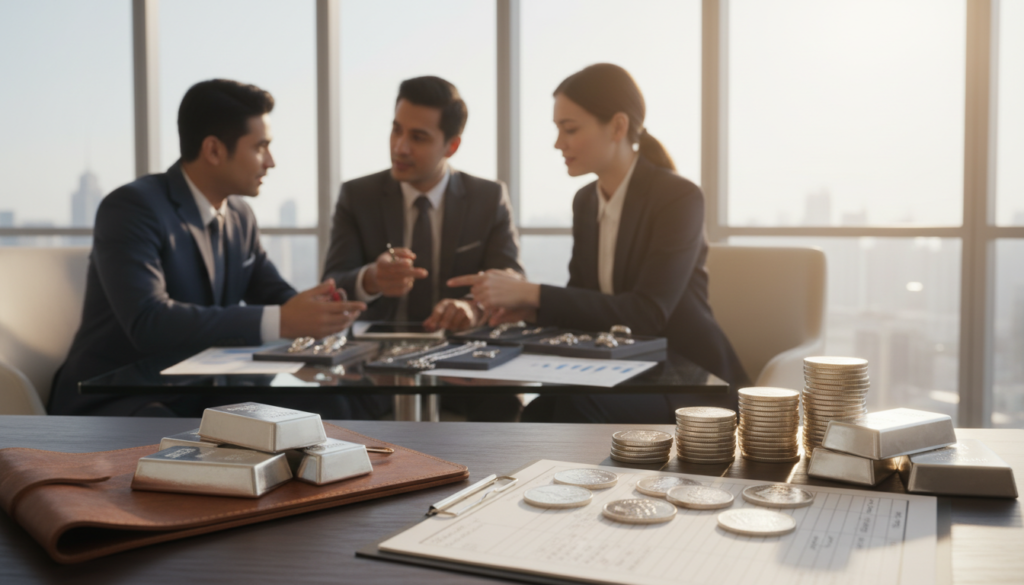 A visually engaging image showcasing various ways to invest in silver, suitable for beginners. In the foreground, depict silver coins and bullion bars arranged artfully around a small, open investment ledger, emphasizing tangible assets. In the middle ground, show a diverse group of individuals in professional business attire, discussing investment strategies over a table filled with silver jewelry and certificates. The background features a bright, contemporary office space with large windows letting in natural light, creating a vibrant and inviting atmosphere. Soft focus on the background elements adds depth. Use warm lighting to enhance the mood of optimism and opportunity in silver investment.