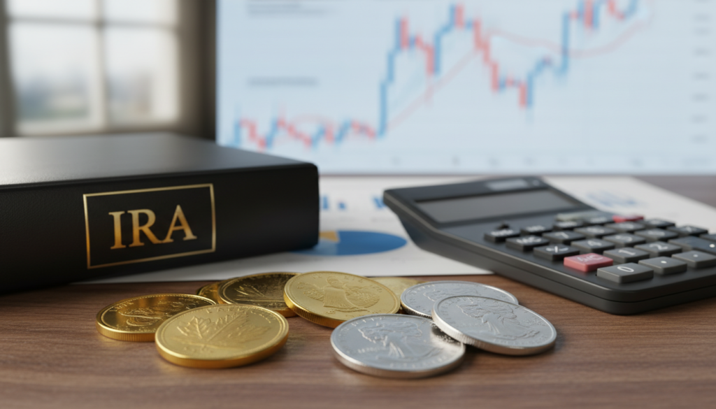 A visually striking arrangement showcasing portfolio diversification in precious metals, focusing on gold and silver coins displayed prominently in the foreground. The gold coins shine with a warm, rich luster, while the silver coins reflect subtle light, creating an engaging contrast. In the middle ground, include a sleek calculator and a portfolio binder labeled "IRA" to symbolize investment strategy. The background features a soft-focus financial graph, hinting at market trends and diversification strategies. Utilize soft, diffused lighting to create an inviting atmosphere, enhancing the gold and silver's gleam. The image should evoke a sense of informed decision-making and financial wisdom, capturing the essence of choosing between gold and silver for a precious metals IRA.