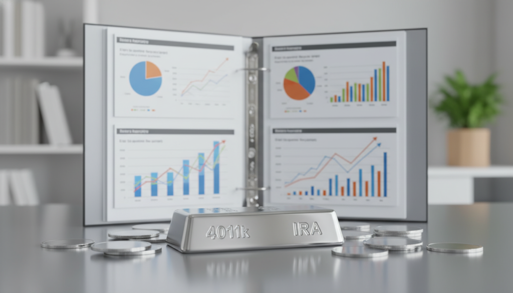 A visually striking illustration of a silver retirement account, featuring a detailed silver bar prominently in the foreground, engraved with "401(k)” and “IRA" symbols. Surround the bar with scattered silver coins to emphasize wealth and investment. In the middle, include a sleek, modern, open binder containing colorful charts and graphs displaying trends in silver investment and retirement growth, evoking a sense of financial planning. The background should depict a softly lit office environment with blurred shelves of financial books and a potted plant, creating a professional and calm atmosphere. Use natural lighting to enhance the sheen of the silver and create a warm, inviting mood. The image should have a balanced composition, shot from a slight angle to add depth. A visually striking illustration of a silver retirement account, featuring a detailed silver bar prominently in the foreground, engraved with "401(k)” and “IRA" symbols. Surround the bar with scattered silver coins to emphasize wealth and investment. In the middle, include a sleek, modern, open binder containing colorful charts and graphs displaying trends in silver investment and retirement growth, evoking a sense of financial planning. The background should depict a softly lit office environment with blurred shelves of financial books and a potted plant, creating a professional and calm atmosphere. Use natural lighting to enhance the sheen of the silver and create a warm, inviting mood. The image should have a balanced composition, shot from a slight angle to add depth.