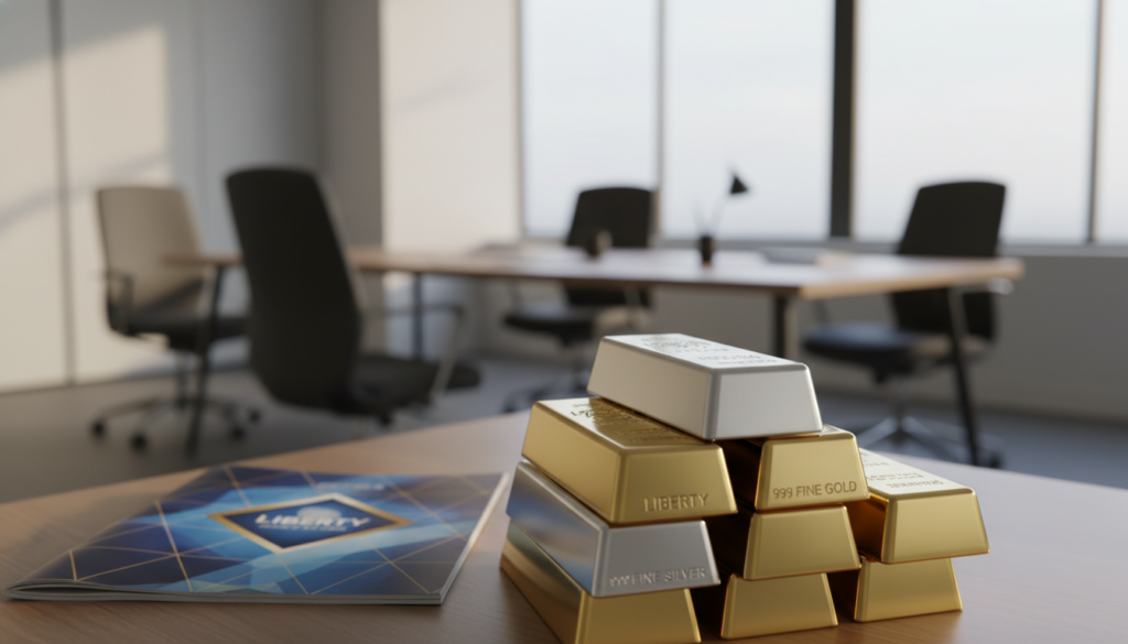 A visually striking image depicting the concept of a Precious Metals IRA, centered on a gleaming silver and gold bullion stack in the foreground. The bars reflect light in a warm, inviting glow, showcasing their intricate details and inscription. Behind them, a softly blurred background reveals a modern investment office with sleek furniture and large windows, allowing natural light to filter in, creating a professional atmosphere. In the middle, a self-directed IRA brochure rests beside the bullion, hinting at financial literacy without showing any text. The scene is shot from a slight angle, capturing the depth of the arrangement. The overall mood is one of wealth, security, and sophistication, ideal for illustrating the article’s theme on investment opportunities. A visually striking image depicting the concept of a Precious Metals IRA, centered on a gleaming silver and gold bullion stack in the foreground. The bars reflect light in a warm, inviting glow, showcasing their intricate details and inscription. Behind them, a softly blurred background reveals a modern investment office with sleek furniture and large windows, allowing natural light to filter in, creating a professional atmosphere. In the middle, a self-directed IRA brochure rests beside the bullion, hinting at financial literacy without showing any text. The scene is shot from a slight angle, capturing the depth of the arrangement. The overall mood is one of wealth, security, and sophistication, ideal for illustrating the article’s theme on investment opportunities.