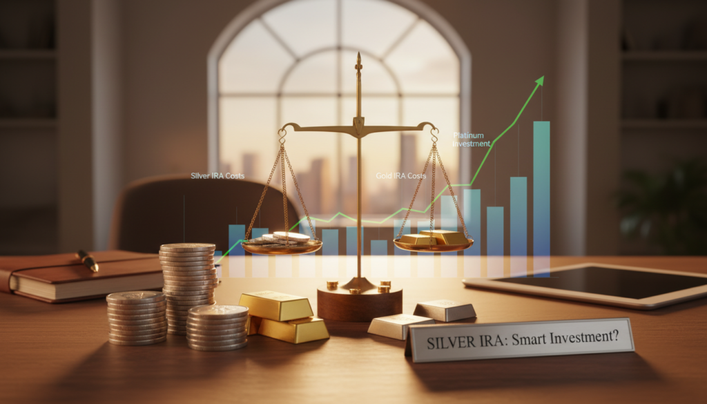 A visually striking image showcasing a comparison of Silver IRA costs against other forms of precious metals investments. In the foreground, an elegant table displays silver coins stacked alongside gold bars and platinum ingots, all illuminated by warm, soft lighting to evoke a sense of value and wealth. The middle ground features a subtle scale or balance, symbolizing the comparison aspect, with classic financial charts and graphs faintly visible behind it. In the background, a polished workspace is softly lit, with a blurred view of a modern office and a hint of a window illustrating a calm cityscape, creating a professional atmosphere. The overall mood should be informative yet sophisticated, inviting viewers to ponder the investment options depicted.