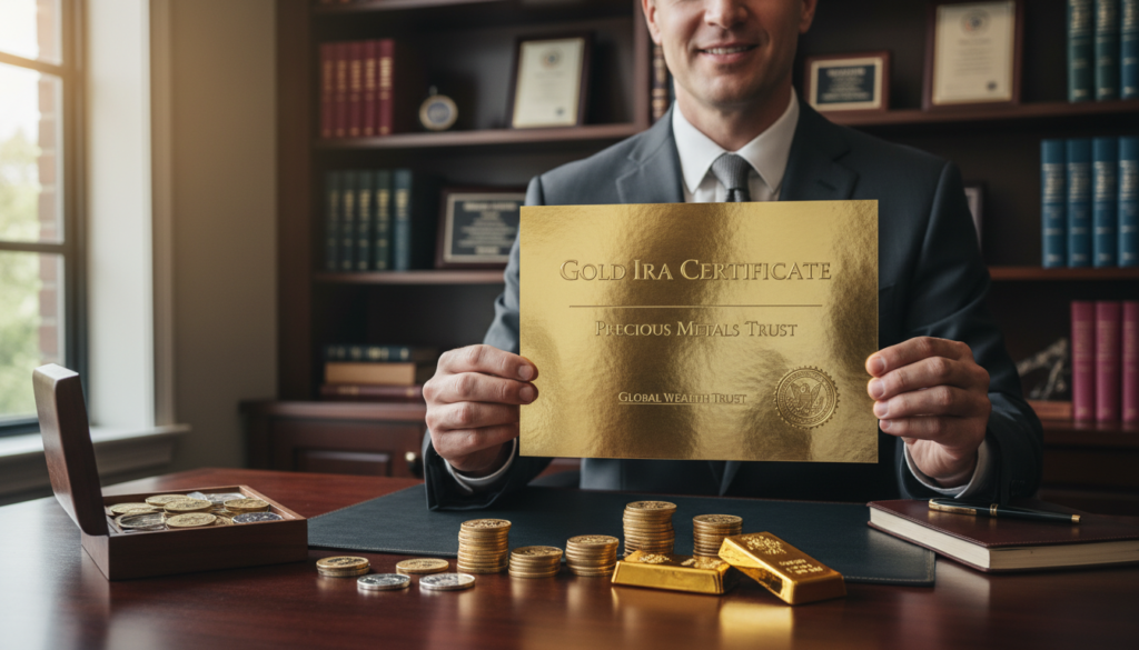 A well-lit office setting featuring a detailed close-up of a gold IRA certificate held by a professional-looking individual in business attire, exuding confidence and professionalism. In the foreground, the shiny gold certificate is prominently displayed, reflecting light to emphasize its value. The middle ground showcases a polished wooden desk with gold coins and precious metals prominently placed alongside the certificate, symbolizing wealth and security. In the background, soft-focus shelves lined with industry awards, client testimonials, and financial books convey trust and expertise. The overall atmosphere is one of professionalism and assurance, with warm, inviting lighting creating a sense of reliability and competence in the world of precious metals investing.