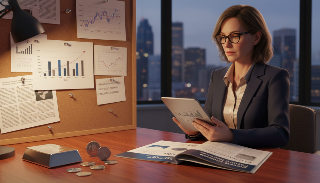 A well-organized desk scene showcasing the concept of building silver into an investment portfolio. In the foreground, a polished wooden desk displays a silver ingot, a small stack of silver coins, and investment pamphlets highlighting silver's potential. Beside them, a professional individual in business attire, a middle-aged woman with glasses, examines a financial chart on a tablet, with a look of concentration on her face. In the middle, a large corkboard is pinned with graphs, market trends, and silver investment tips, decorated with silver-colored pushpins. The background features a softly lit office environment with a window showing a city skyline, creating an atmosphere of financial aspiration and professionalism. The lighting is warm and inviting, suggesting a sense of clarity and opportunity.