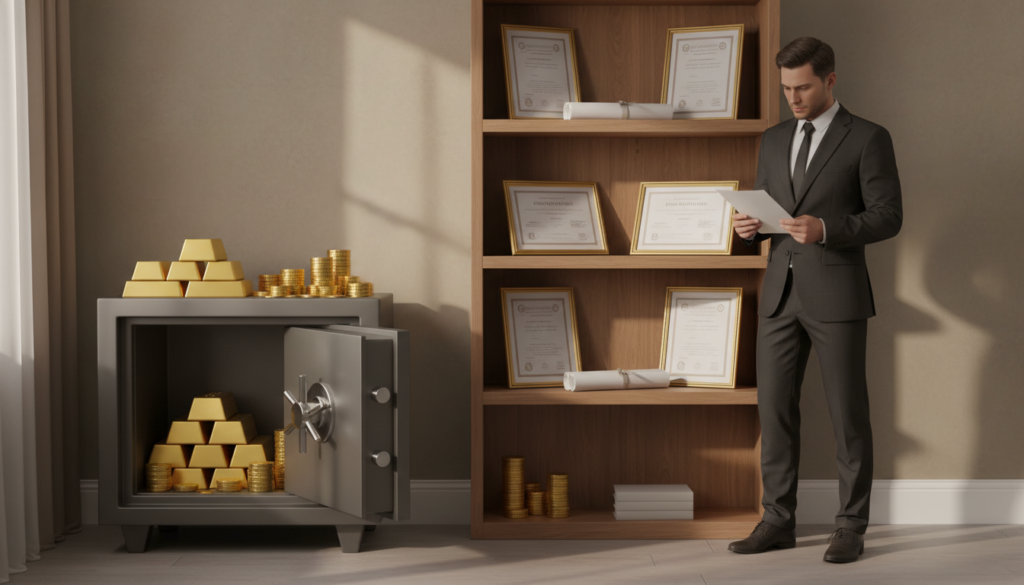A well-organized home storage area showcasing various gold investment assets. In the foreground, a sturdy locked safe with gold coins and bullion bars visible through an open door, symbolizing secure storage. The middle ground features a neat wooden shelf displaying elegant gold certificates and investment documents, reflecting a sense of order. The background includes muted colors, with warm lighting casting soft shadows that create a calm yet serious atmosphere. A professional businessperson, dressed in a tailored suit, is inspecting the documents with a thoughtful expression, reinforcing the theme of responsible management. The scene captures a careful balance between security and potential tax implications, using a slightly elevated angle to provide depth and context.