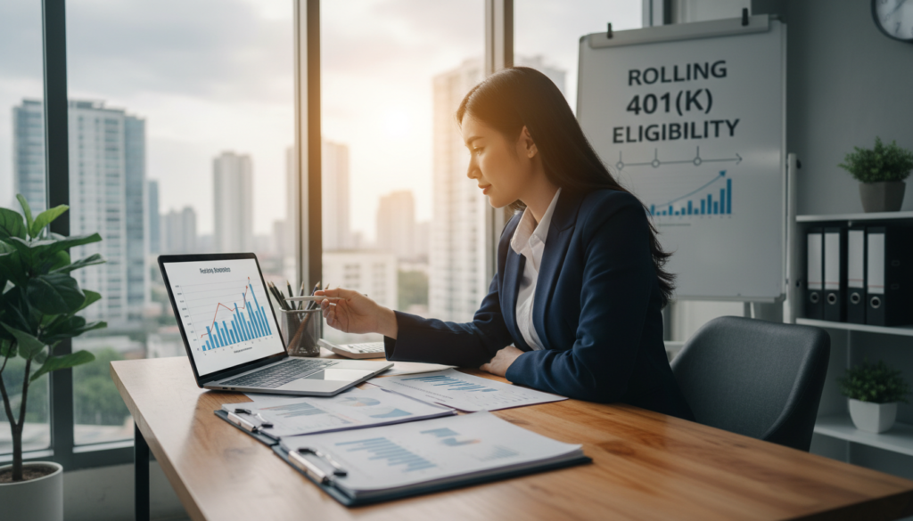 A well-organized office space representing the concept of eligibility for a rolling 401(k) with a professional atmosphere. In the foreground, a desk neatly arranged with financial documents, a laptop displaying graph charts, and a calculator. In the middle, a confident business professional in smart attire, sitting at the desk, analyzing financial data with a focused expression. In the background, a large window with soft, natural light streaming in, casting a warm glow over the room, with a faint city skyline visible outside. The ambiance should feel inspiring and motivating, emphasizing clarity and professionalism, perfectly illustrating the topic of financial growth and preparation. A well-organized office space representing the concept of eligibility for a rolling 401(k) with a professional atmosphere. In the foreground, a desk neatly arranged with financial documents, a laptop displaying graph charts, and a calculator. In the middle, a confident business professional in smart attire, sitting at the desk, analyzing financial data with a focused expression. In the background, a large window with soft, natural light streaming in, casting a warm glow over the room, with a faint city skyline visible outside. The ambiance should feel inspiring and motivating, emphasizing clarity and professionalism, perfectly illustrating the topic of financial growth and preparation.