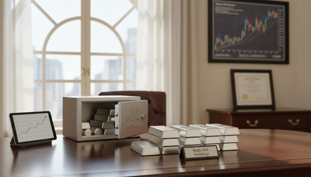 A well-organized office space showcasing a silver bullion storage setup. In the foreground, a polished wooden desk holds neatly stacked silver bars, exuding a sense of security and investment. In the middle ground, a sleek safety deposit box labeled "Fees Storage Insurance" is slightly open, revealing more silver bars inside. The background is softly illuminated, with a large window letting in natural light that creates a warm, trusting atmosphere. On the wall, a framed financial chart subtly hints at silver market trends. The overall mood is professional and reassuring, emphasizing the importance of safe storage and the costs associated with holding silver in a Roth IRA.