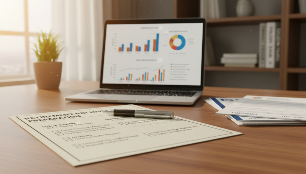 A well-organized, visually engaging preparation checklist for a retirement account rollover, set on a wooden desk. In the foreground, there's a neatly arranged checklist with checkboxes, alongside a pen and financial documents, all styled in a professional manner. The middle layer features a laptop displaying graphs and data related to a 401(k) and Gold IRA rollover, emphasizing a tech-savvy approach. In the background, there's a soft-focus view of a potted plant and some motivational financial books on a shelf, creating a serene and professional office atmosphere. The lighting is warm and inviting, with natural sunlight streaming in through a window, enhancing the mood of readiness and optimism for the future. A well-organized, visually engaging preparation checklist for a retirement account rollover, set on a wooden desk. In the foreground, there's a neatly arranged checklist with checkboxes, alongside a pen and financial documents, all styled in a professional manner. The middle layer features a laptop displaying graphs and data related to a 401(k) and Gold IRA rollover, emphasizing a tech-savvy approach. In the background, there's a soft-focus view of a potted plant and some motivational financial books on a shelf, creating a serene and professional office atmosphere. The lighting is warm and inviting, with natural sunlight streaming in through a window, enhancing the mood of readiness and optimism for the future.
