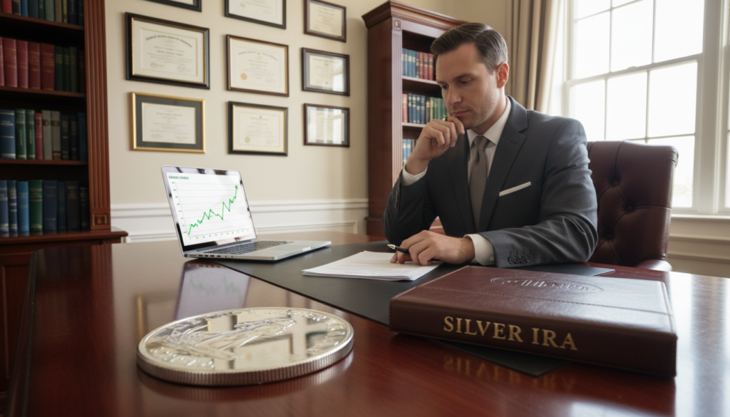 An elegant office space with a polished wooden desk in the foreground, displaying a gleaming silver coin and a financial portfolio. In the middle, a professional in business attire is reviewing documents, showcasing a focused expression. On the desk, a laptop open to a financial chart symbolizes growth and investment. In the background, a wall adorned with framed certificates and a bookshelf lined with finance books suggests expertise and confidence. Soft, natural lighting filters through a window, creating a warm, inviting atmosphere, while the angle is slightly elevated to capture both the desk and the professional's engagement with the materials. The mood is one of ambition and opportunity, reflecting the potential of a Silver IRA compared to standard options.
