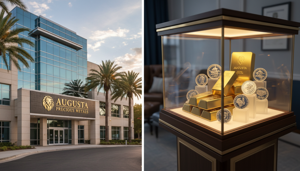 Augusta Precious Metals headquarters with gold and silver products displayed in a professional setting Augusta Precious Metals headquarters with gold and silver products displayed in a professional setting