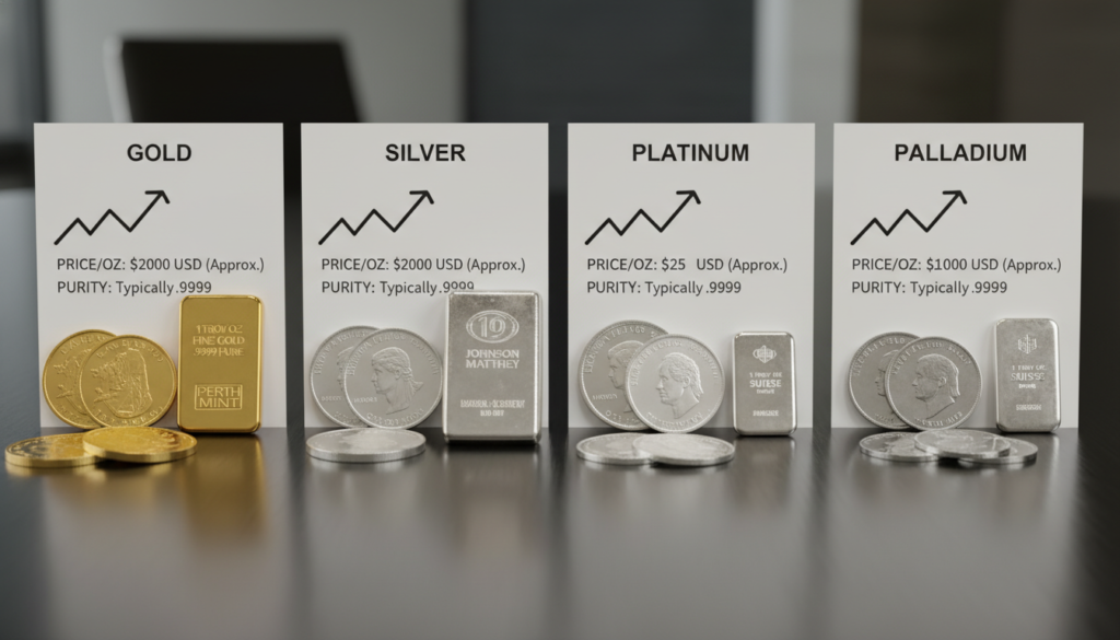Comparison of precious metals investment options showing gold, silver, platinum, and palladium coins and bars Comparison of precious metals investment options showing gold, silver, platinum, and palladium coins and bars