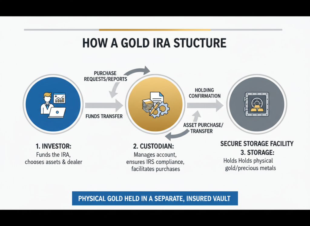 Diagram showing how a Gold IRA works with custodian, storage, and investor relationships Diagram showing how a Gold IRA works with custodian, storage, and investor relationships
