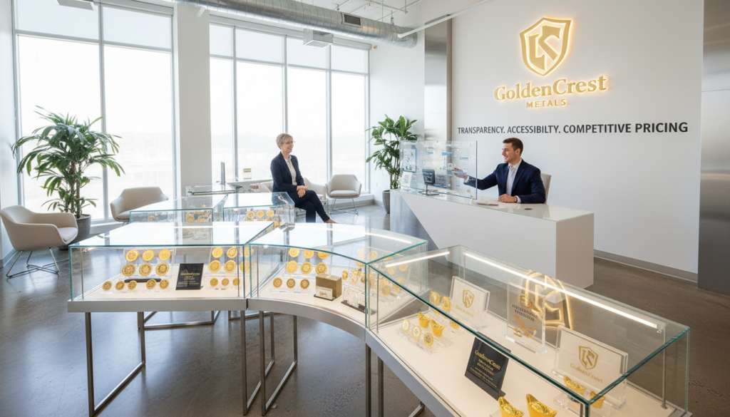 GoldenCrest Metals office with displays of gold coins and investment packages GoldenCrest Metals office with displays of gold coins and investment packages