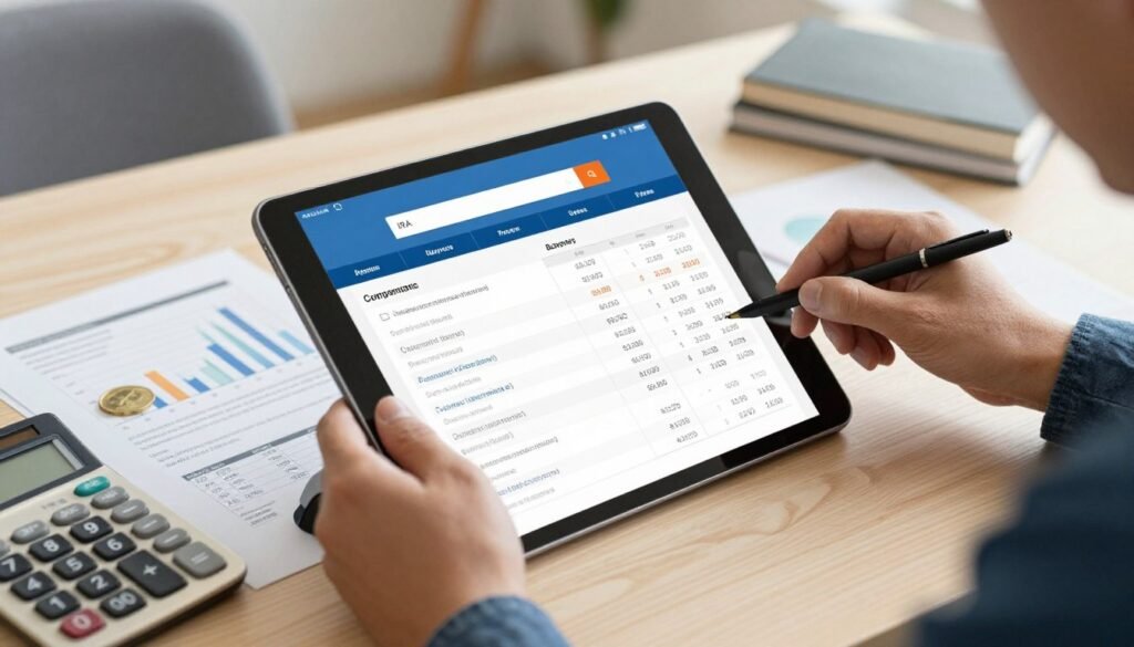 Investor reviewing precious metals IRA company comparison chart on tablet Investor reviewing precious metals IRA company comparison chart on tablet