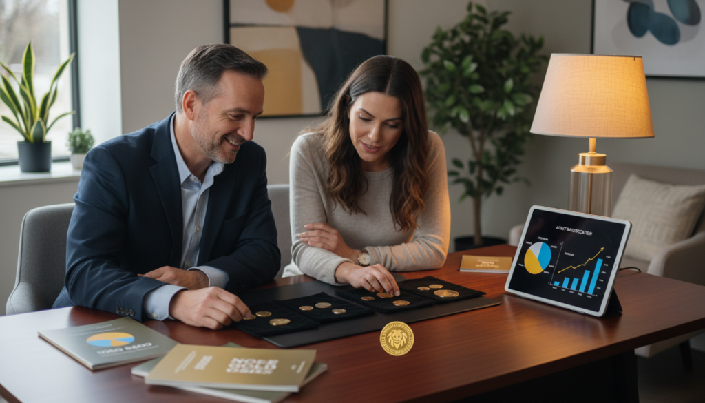 Noble Gold Investments consultation with first-time investors examining gold coins Noble Gold Investments consultation with first-time investors examining gold coins
