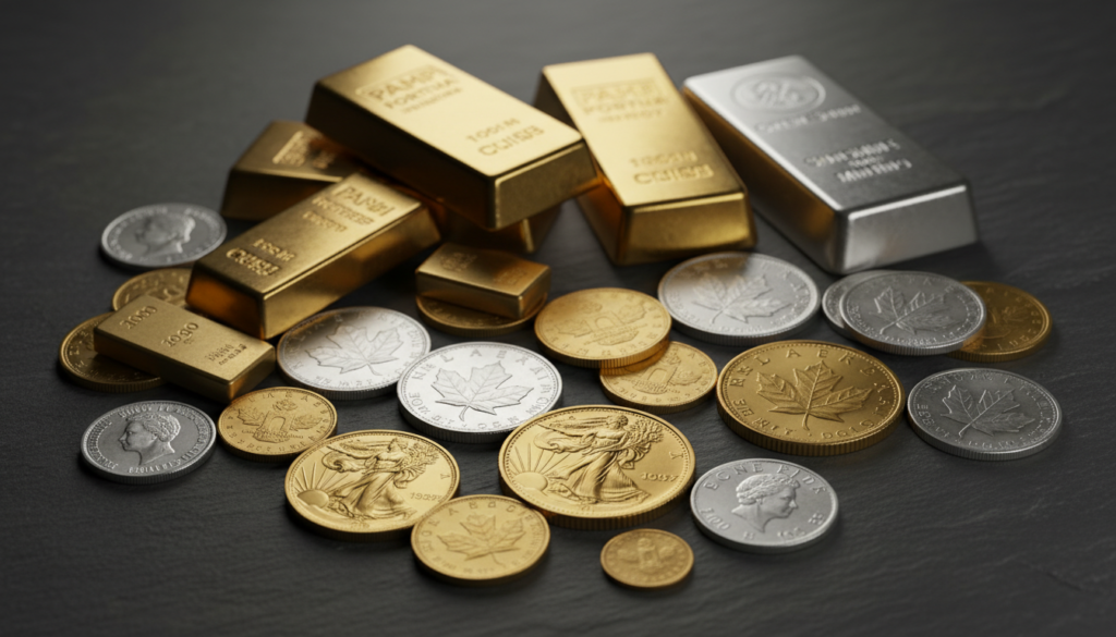 Various forms of physical precious metals for direct ownership including coins, bars, and rounds Various forms of physical precious metals for direct ownership including coins, bars, and rounds