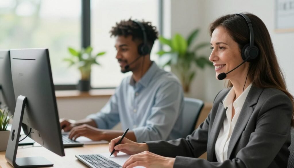 A modern customer service support scene depicting a diverse team of professionals in a bright, open office environment. In the foreground, a friendly customer service representative, a middle-aged Caucasian woman in a smart business attire, is engaged in a video call, smiling and providing assistance. In the middle ground, another employee, a young Black man in a casual button-up shirt, is focused on his computer, taking notes. The background features a large window with natural sunlight pouring in, illuminating green plants that create a welcoming atmosphere. The mood conveys professionalism, warmth, and collaboration, with soft lighting and a slightly blurred background to emphasize the focused interaction taking place.