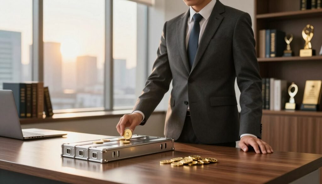 A modern, high-end office environment showcasing a confident business professional in a tailored suit, exuding trust and security. The foreground features a polished mahogany desk with silver bars and gold coins elegantly displayed, symbolizing wealth and investment security. Behind the professional, a large window reveals a city skyline, bathed in warm, golden sunlight that creates a welcoming and optimistic atmosphere. In the background, shelves filled with financial books and elegant awards reflect expertise in investment. The image is shot with a slight depth of field to keep the focus sharp on the professional and the financial items, conveying a sense of reliability and professionalism, ideal for a financial services company.