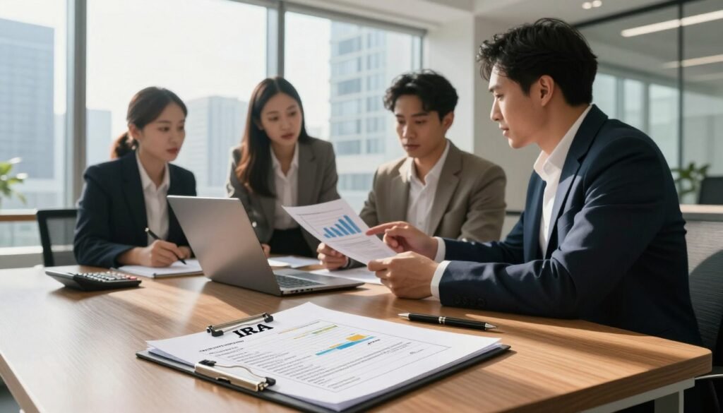 A professional office environment showcasing a sophisticated workspace. In the foreground, a polished wooden desk with an elegant silver IRA document, a calculator, and a pen, symbolizing financial analysis. In the middle ground, a diverse group of three professionals—two men and one woman—dressed in business attire, engaging in deep discussion, analyzing charts and graphs on a sleek laptop. In the background, a high-rise window view reveals a futuristic cityscape, illuminated by natural sunlight, casting soft shadows across the room. The mood is dynamic and focused, emphasizing professionalism and expertise in evaluating precious metals investment criteria. The image should be warm and inviting, with a balanced composition.