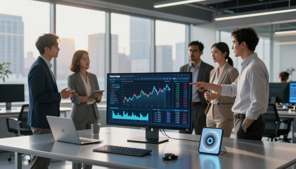 A sleek, modern office environment showcasing the Metals Edge technology platform. In the foreground, a high-resolution screen displays intricate silver investment data and graphs, surrounded by futuristic gadgets and metallic decor. In the middle ground, a diverse group of professionals in business attire engages in a lively discussion, pointing to the screen, reflecting collaboration and innovation. The background features large windows revealing a bustling city skyline illuminated by morning light, creating a bright and optimistic atmosphere. Natural light streams through, enhancing the futuristic feel with soft reflections on metallic surfaces. The overall mood is one of forward-thinking and technological advancement, emphasizing the innovations at Metals Edge.
